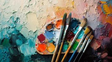 A colorful artist palette with brushes arranged neatly, showcasing vibrant paint colors and textures photo