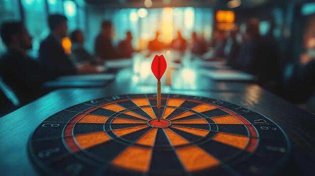 Dart hitting the center of a target in a business meeting, with team members in the background photo