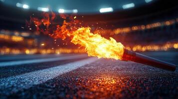 Person holds a burning torch in a stadium during a vibrant sports event celebration photo