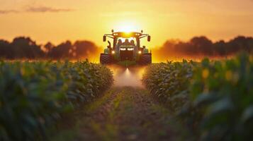 Tractor spraying crops in a lush green field during a sunny day photo