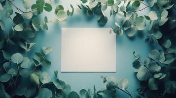 Fresh green leaves arranged around a blank card on a light blue background photo