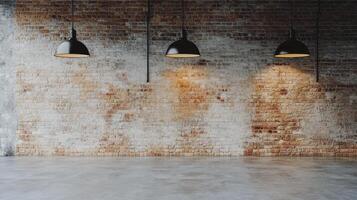 Stylish industrial lighting hanging over a rustic brick wall in a modern interior space photo