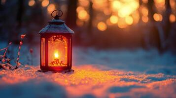 A red lantern illuminating falling snowflakes in a winter forest at dusk photo
