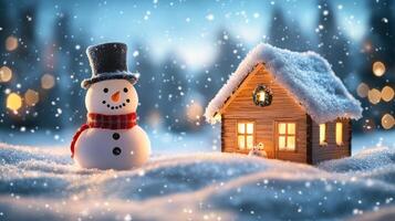 Snowman in front of a cozy cabin decorated for Christmas during a snowy evening photo