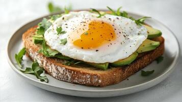 Delicious avocado toast topped with a perfectly fried egg served on a rustic plate photo