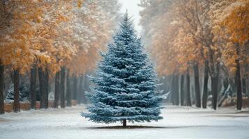 Snowfall gently envelops a frosty pine branch in a tranquil winter wonderland photo