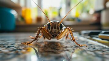 Close-up of a cockroach on a kitchen countertop in a residential home during daytime exploration photo