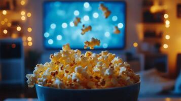 Cozy living room with a bowl of popcorn and a television glowing with soft lights photo