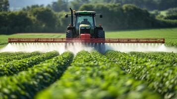 Tractor spraying crops in a lush green field during a sunny day photo