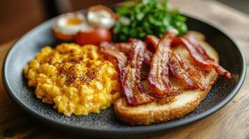 Delicious breakfast plate featuring crispy bacon, eggs, toast, and cherry tomatoes on a rustic table photo