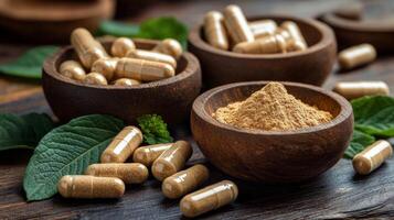 Herbal supplements arranged with a bowl of powder and greenery on a wooden surface in natural light photo