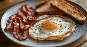 Delicious breakfast plate with crispy bacon, fried egg, toasted bread, and fresh greens photo