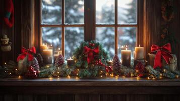 Cozy Christmas evening by the fireplace with wrapped gifts and festive decor in a warm setting photo