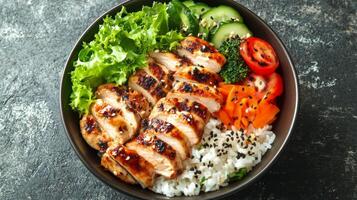 Grilled chicken rice bowl with fresh vegetables prepared in a natural kitchen setting photo