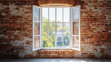 A rustic brick wall featuring an open window with white wooden frames and panes in daylight photo