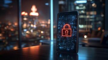 A smartphone displaying a glowing padlock symbol on its screen in a darkened environment with lights photo