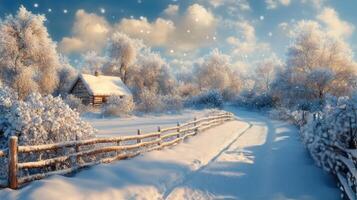 Winter sunset over a snow-covered landscape with cozy cabins and pine trees photo