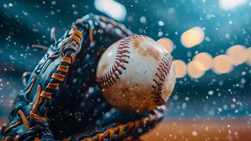 A player catching a baseball with a glove during a game at sunset photo