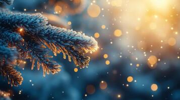 Snow-covered pine branches adorned with glowing lights during winter evening festivities photo