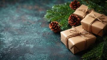 Decorative holiday gifts wrapped in brown paper with pine branches and cones on a table photo