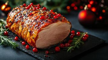 A beautifully roasted pork loin garnished with berries and herbs for a festive holiday table photo