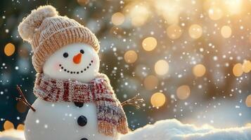 A cheerful snowman with a cozy hat and scarf enjoying a winter day in a snowy landscape photo