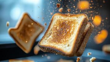 Toast slices floating in the air with scattered seeds on a serene background photo