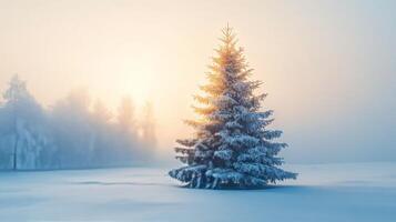 A glowing Christmas tree lights up a snowy forest at night, surrounded by twinkling lights photo
