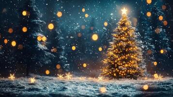A glowing Christmas tree lights up a snowy forest at night, surrounded by twinkling lights photo