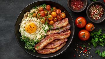 Delicious breakfast plate featuring crispy bacon, eggs, toast, and cherry tomatoes on a rustic table photo