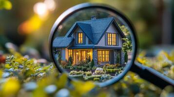 A detailed miniature house surrounded by lush greenery captured at twilight photo