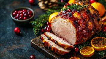 A beautifully roasted pork loin garnished with berries and herbs for a festive holiday table photo