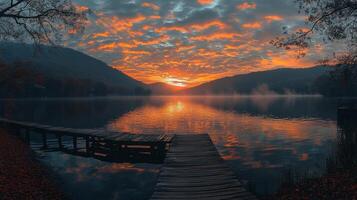 Sunset view over calm lake with colorful clouds and reflective waters in the mountains photo