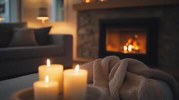 Cozy evening beside a warm fireplace with soft textiles and flickering candles photo