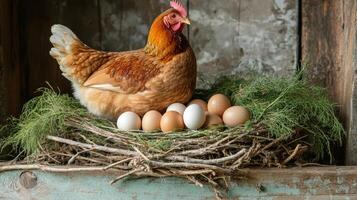 A hen sits proudly in her nest surrounded by fresh eggs in a rustic barn setting photo
