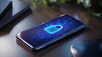 A smartphone displaying a glowing padlock symbol on its screen in a darkened environment with lights photo