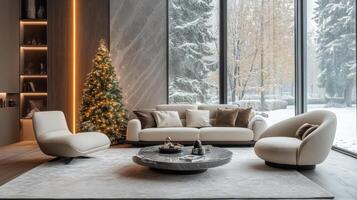 Cozy living room with a decorated Christmas tree and a modern lounge chair in soft afternoon light photo