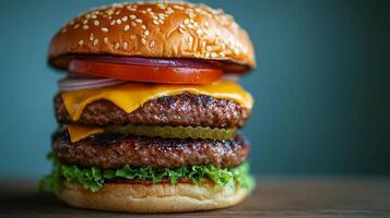 Delicious stack featuring crispy chicken and beef burger with fresh toppings and cheese photo