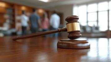 Wooden gavel on a desk in a courtroom with people discussing legal matters in the background photo
