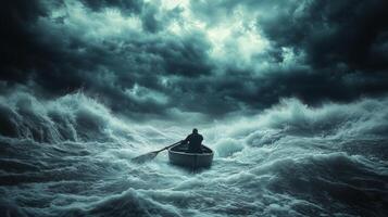 A lone fisherman battles turbulent waves in a small boat under a stormy sky at dusk photo