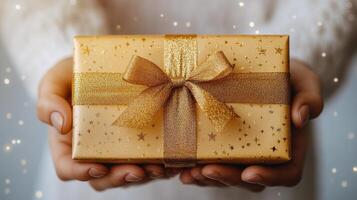 Elegant golden gift box held by hands, ready for giving on a special occasion or celebration photo