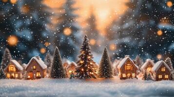 Charming winter village with snow-covered houses and pine trees during the holiday season photo