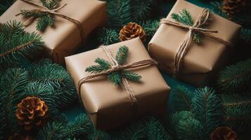 Decorative holiday gifts wrapped in brown paper with pine branches and cones on a table photo
