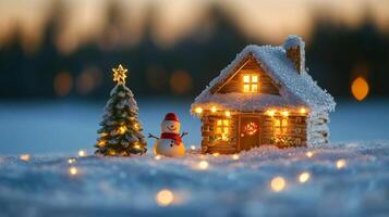Snowman in front of a cozy cabin decorated for Christmas during a snowy evening photo