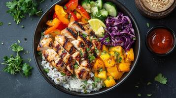 Grilled chicken rice bowl with fresh vegetables prepared in a natural kitchen setting photo