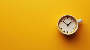 Bright yellow clock on a matching saucer showcasing a modern aesthetic and playful design photo