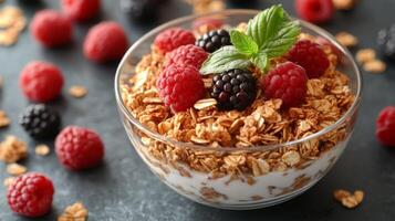 A delicious bowl of granola topped with fresh raspberries and blackberries on a dark surface photo