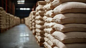 Stacks of burlap sacks filled with grain stored neatly in a warehouse during daylight hours photo