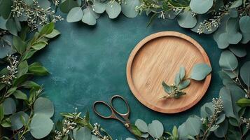 Eucalyptus leaves and wooden plate arranged on a teal surface with scissors nearby for crafts photo