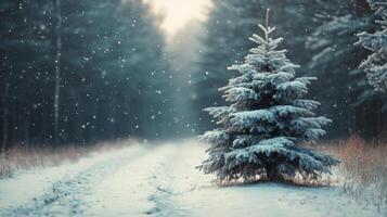 Snow-covered Christmas tree adorned with red ornaments in a tranquil winter forest setting photo